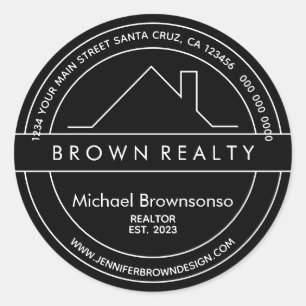 House Roof Logo Real Estate Agent black simple Classic Round Sticker