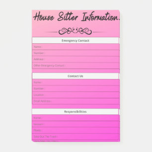 House Sitter Info Emergency, Contact & To-Do's Post-it Notes