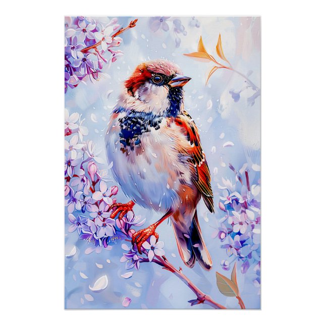 House Sparrow on a Branch Impressionist Art Poster (Front)