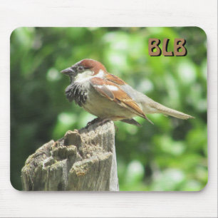 House Sparrow profile on stump with your initials Mouse Pad