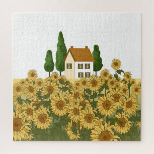 House Sunflowers Field Vintage Illustration Jigsaw Puzzle