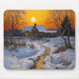 House Sunset Winter Landscape Mouse Pad