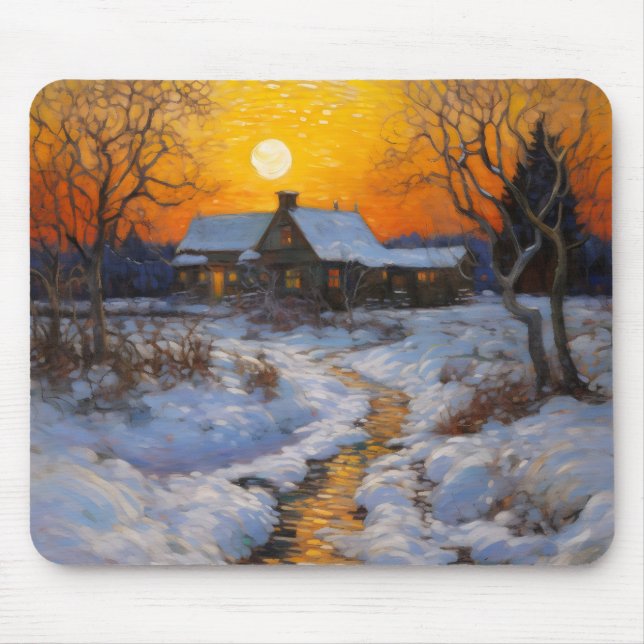 House Sunset Winter Landscape Mouse Pad (Front)