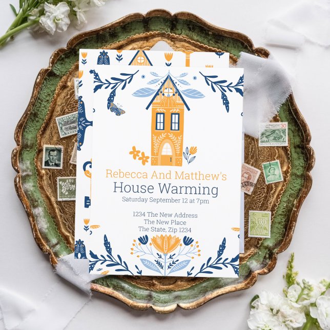 House Warming Hygge Blue Yellow House and Flowers Invitation (Creator Uploaded)