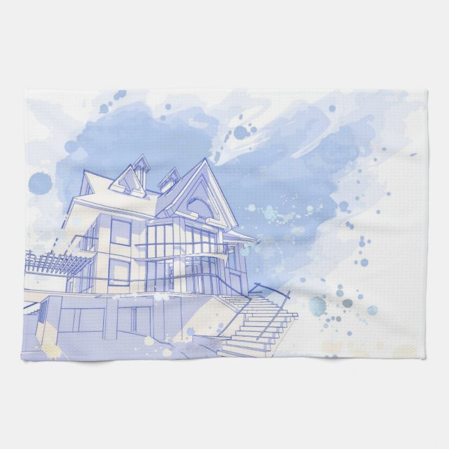 house: watercolor draw kitchen towel (Horizontal)