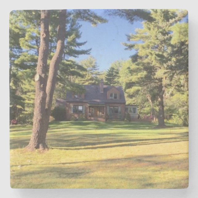 House with Pine Trees Stone Coaster (Front)