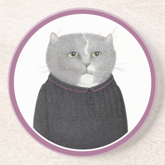 HOUSEKEEPER CAT Round Sandstone Coaster (Front)