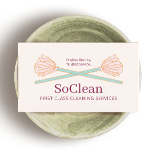 Housekeeping Cleaning Services Crossed Pink Mops Business Card