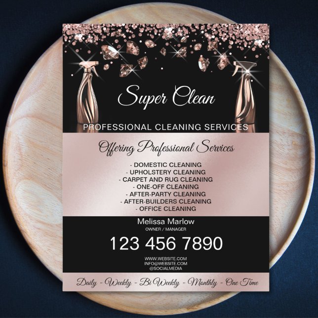 Housekeeping House Cleaning Maid Services Flyer (rose gold house cleaning spray bottles spraying diamonds)