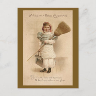 Housemaid with Broom Old Fashioned Christmas Holiday Postcard