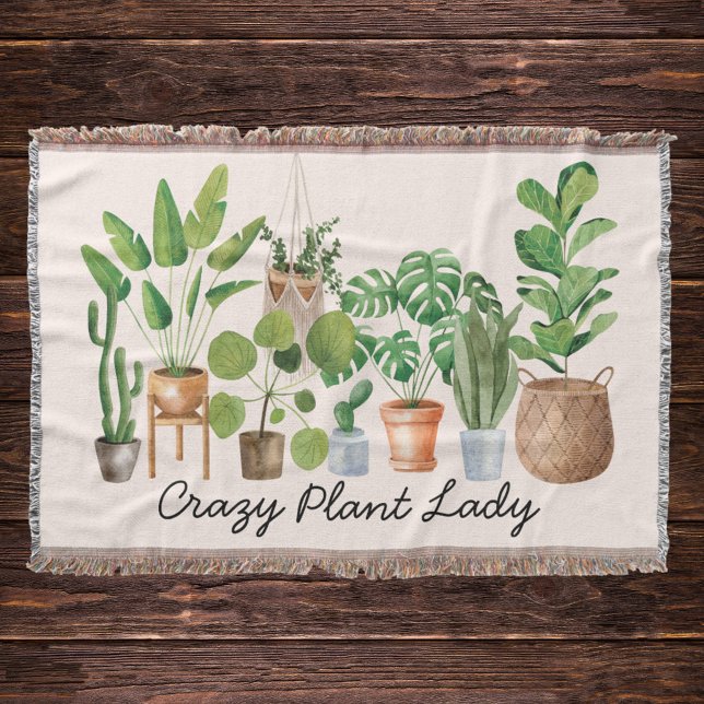 Houseplant Watercolor Gardening Quote  Throw Blanket (Close up on wood)