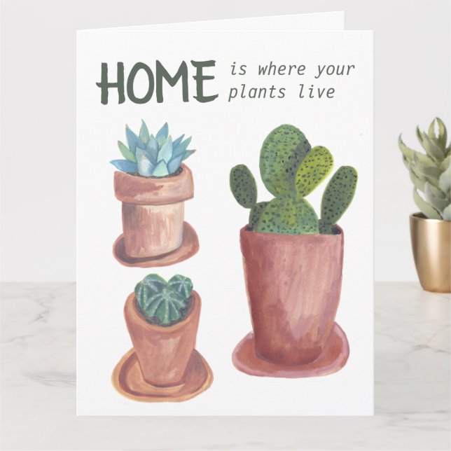 Houseplants Cactus Happy New Home Watercolor Card (Small Plant)
