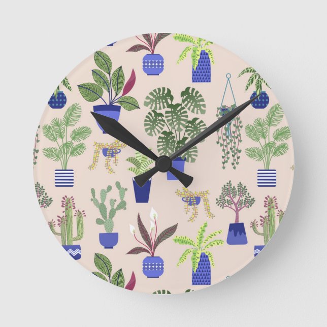 Houseplants Cactus Succulent Pattern Blush Pink Round Clock (Front)