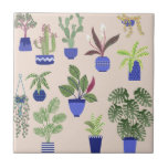 Houseplants Cactus Succulent Pattern Blush Pink Tile<br><div class="desc">Painting of house plants, cacti and succulents in blue and white pots for indoor gardeners and crazy plant people.</div>
