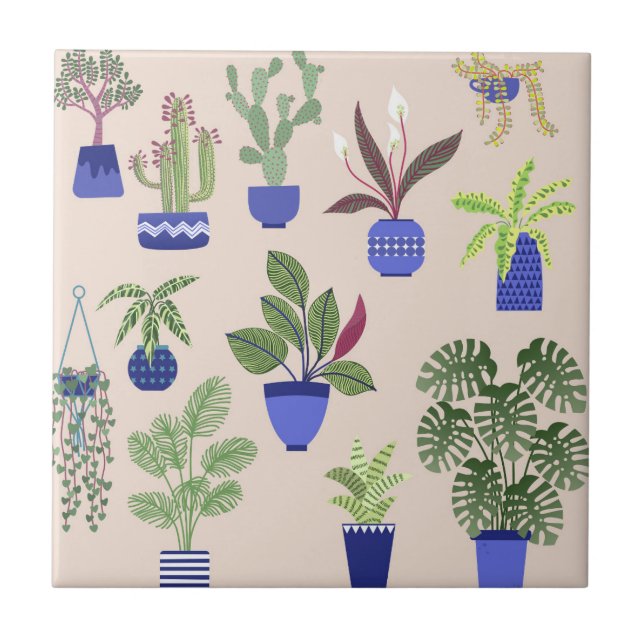 Houseplants Cactus Succulent Pattern Blush Pink Tile (Front)