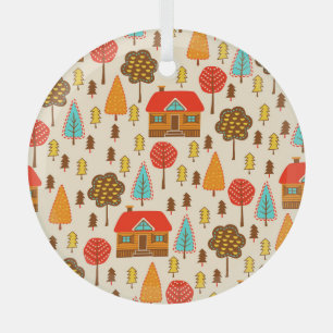 Houses Forest Vintage Seamless Pattern Glass Ornament