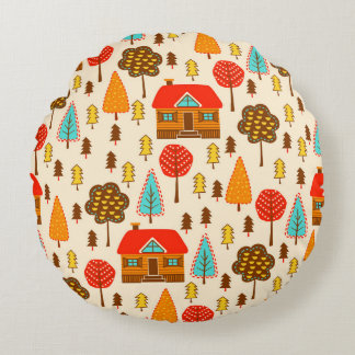 Houses Forest Vintage Seamless Pattern Round Pillow