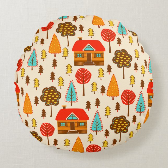 Houses Forest Vintage Seamless Pattern Round Pillow (Front)