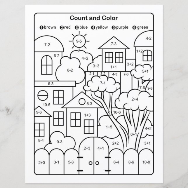 Houses line drawing colouring page with math quiz (Front)