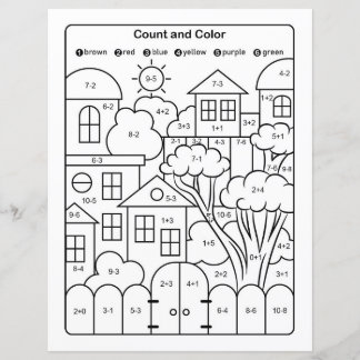 Houses line drawing colouring page with math quiz