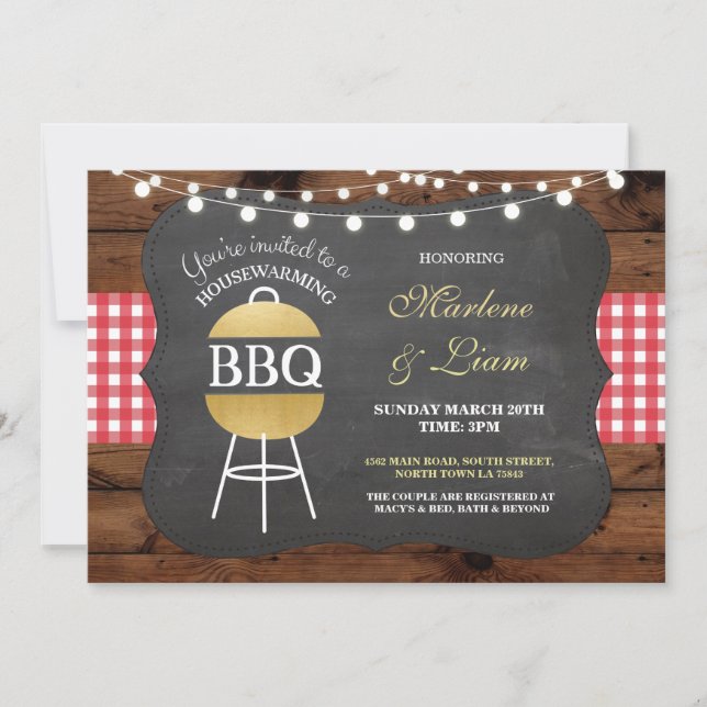 Housewarming BBQ Gold Rustic New Home Invitation (Front)