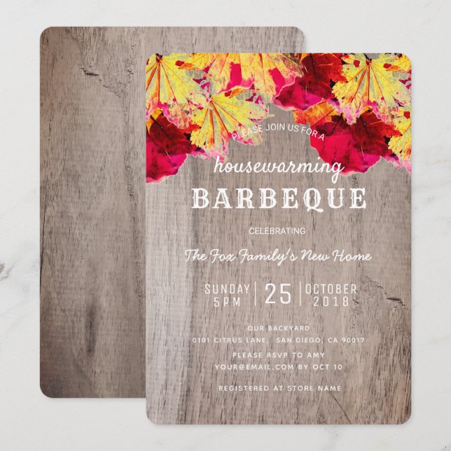 Housewarming BBQ Party Fall Leaves Wood Invitation (Front/Back)