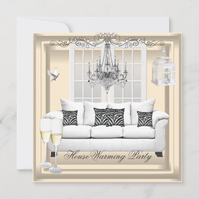 HouseWarming Cream White Champagne Chandelier Invitation (Front)