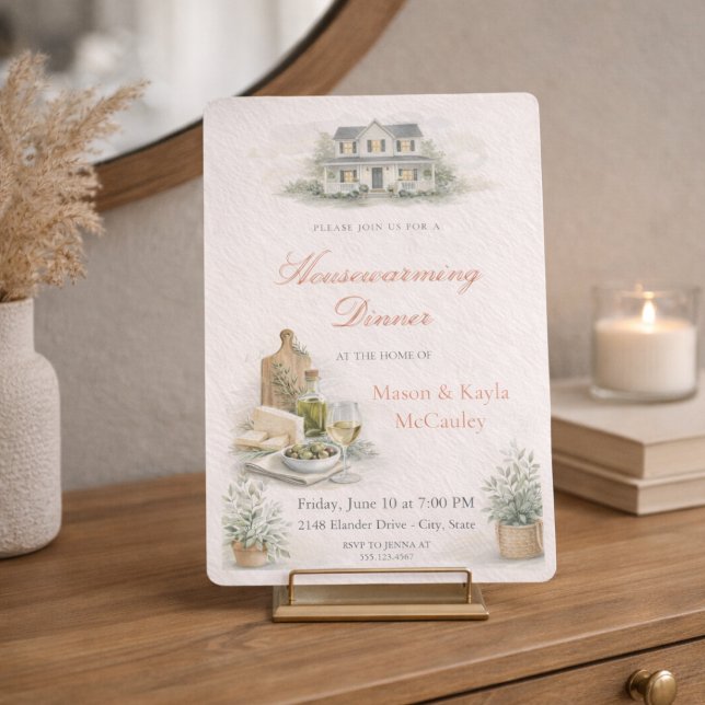 Housewarming Dinner Gathering Invitation (Warm housewarming dinner invite with blush tones, wine and cheese details, and soft greenery)