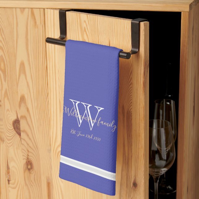 Housewarming Gift Monogram Family Name Chic Blue Kitchen Towel (Thirds Fold)