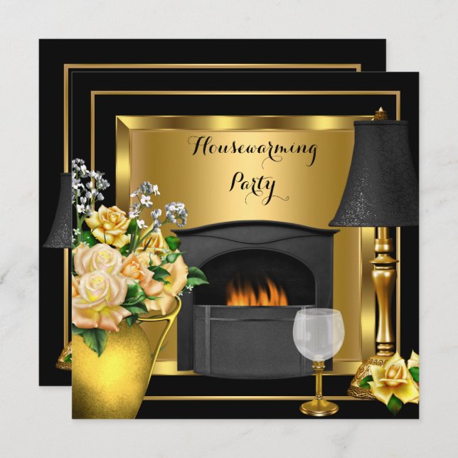 Housewarming Gold Roses Decor Wine Glass Black Invitation (Front/Back)