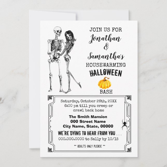 Housewarming Halloween party skeleton goth couple Invitation (Front)