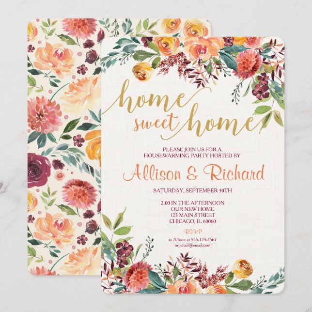 Housewarming invitation, fall rustic floral invite (Front/Back)