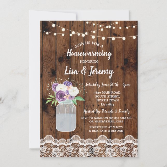 Housewarming Invite Rustic Wood Lace Floral Jar (Front)