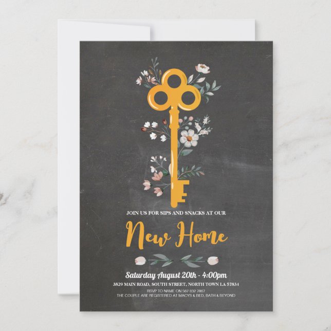 Housewarming New Home House Key Florals Chalk  Invitation (Front)