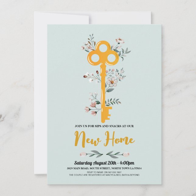 Housewarming New Home House Key Florals Mint Invitation (Front)
