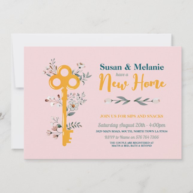 Housewarming New Home House Key Florals Pink  Invitation (Front)