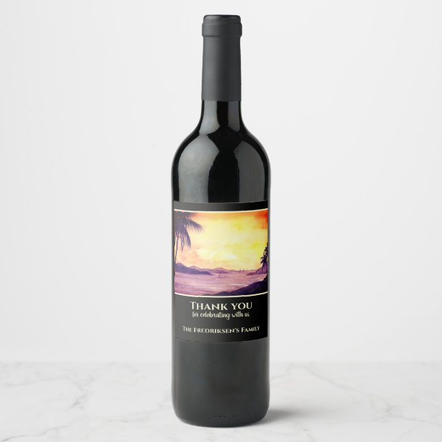 Housewarming New Home Sunset in Tropics Watercolor Wine Label (Front)