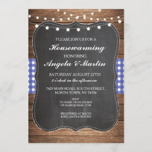 Housewarming Party Blue Check Wood BBQ Invite