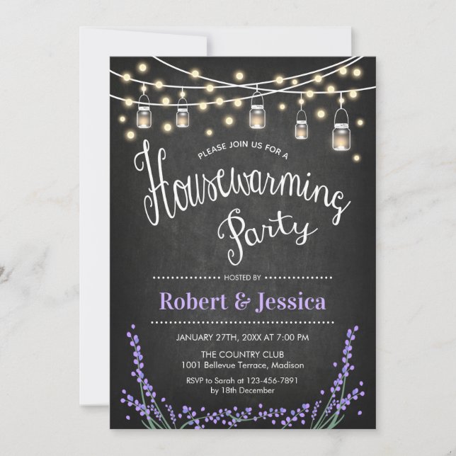 Housewarming Party - Chalkboard Mason Jar Lavender Invitation (Front)