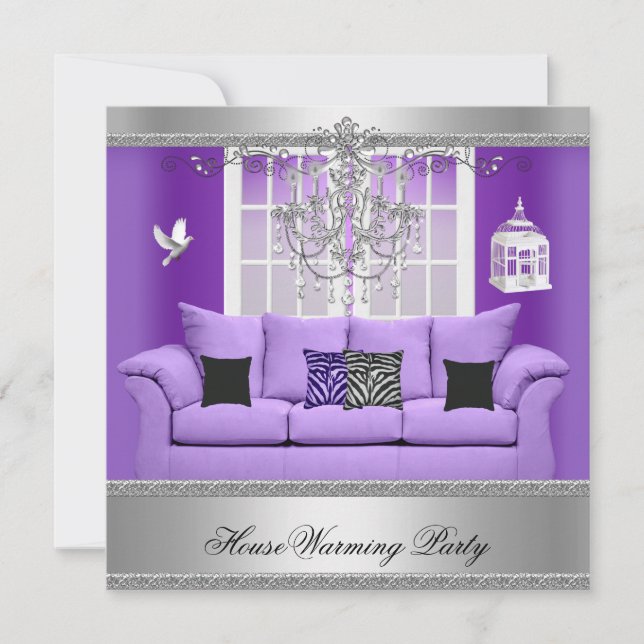 HouseWarming Party Chandelier Purple Sofa Silver Invitation (Front)