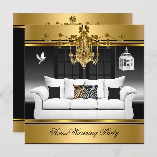 HouseWarming Party Chandelier Rich Gold Black Invitation (Front/Back)