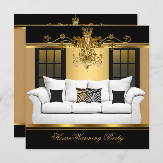 HouseWarming Party Chandelier Rich Gold Black Invitation (Front/Back)