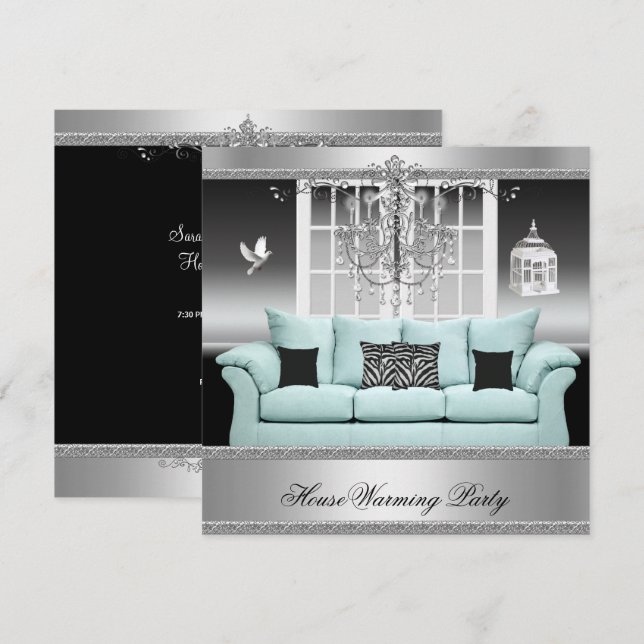 HouseWarming Party Chandelier Teal Silver White Invitation (Front/Back)