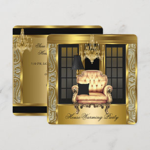Housewarming Party Damask Chandelier Gold Chair Invitation