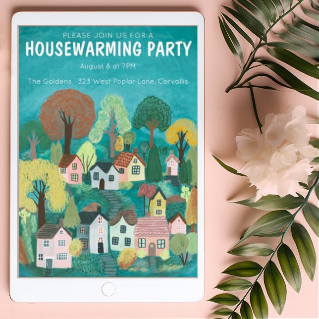 Housewarming Party Drawing Cute Country Village Invitation (Custom housewarming party invitation with cute village illustratio. Avail as card or digital version)