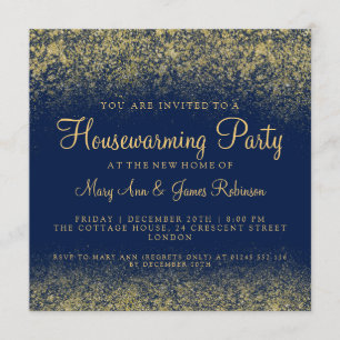 Housewarming Party Gold Glitter Dust Navy Blue Invitation
