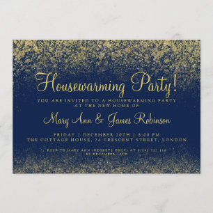 Housewarming Party Gold Glitter Dust Navy Blue Invitation