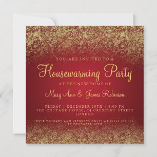Housewarming Party Gold Glitter Dust Red Invitation