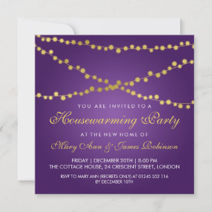 Housewarming Party Gold String Lights Purple Invitation