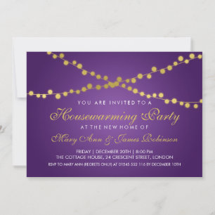 Housewarming Party Gold String Lights Purple Invitation
